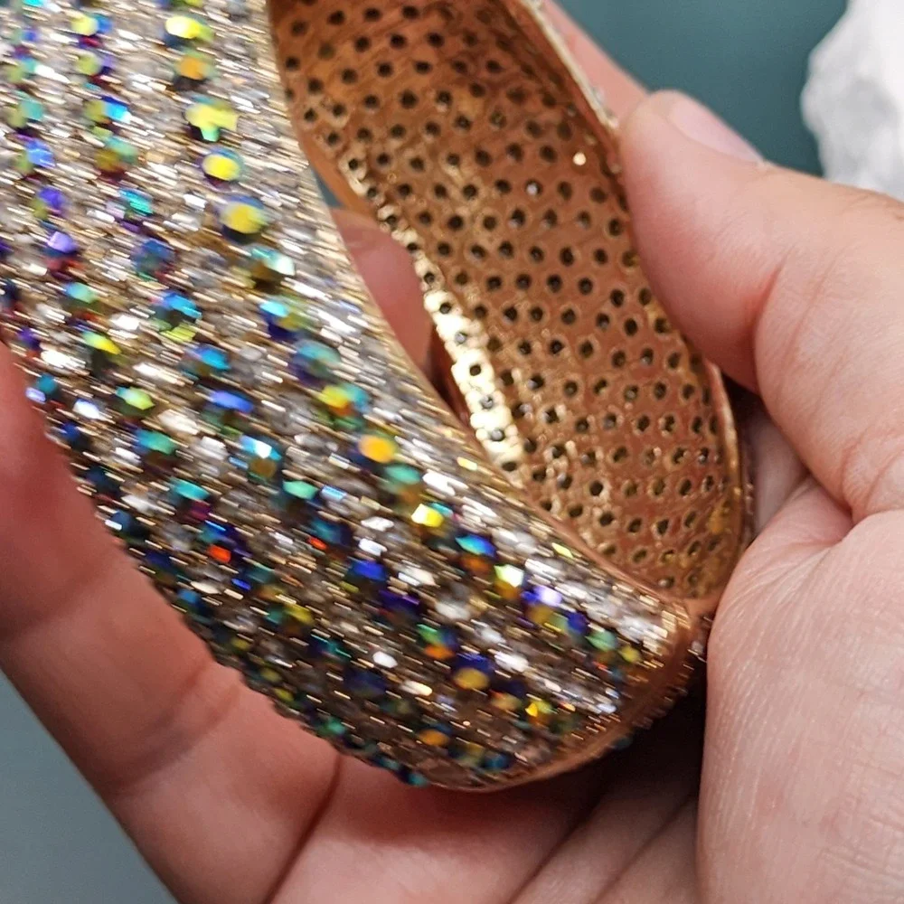 Aurora Borealis Rhinestone Wide Hinged Bangle Bracelet Gold Tone Glam Statement